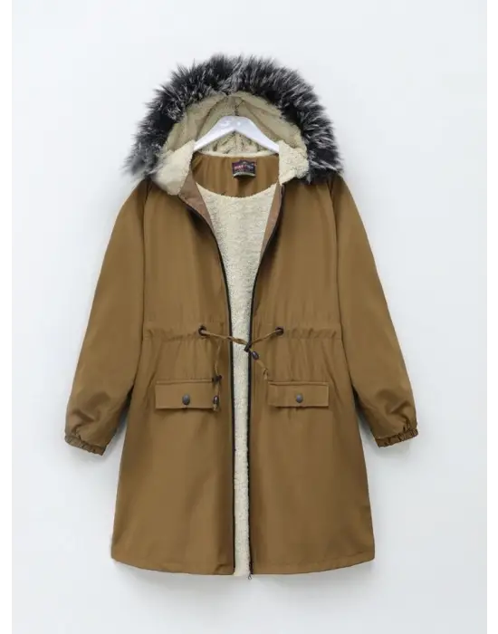 Sabit Kapşonlu İçi Kürklü Bondit Kaban -Taba