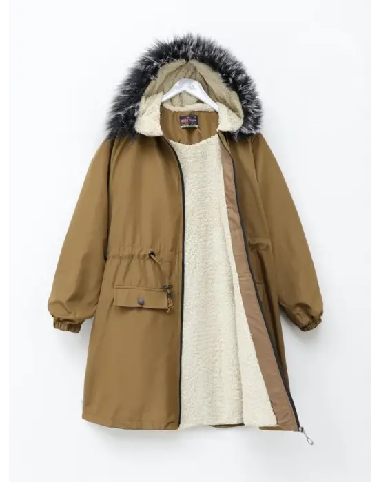 Taba Sabit Kapşonlu İçi Kürklü Bondit Kaban Kadın Giyim