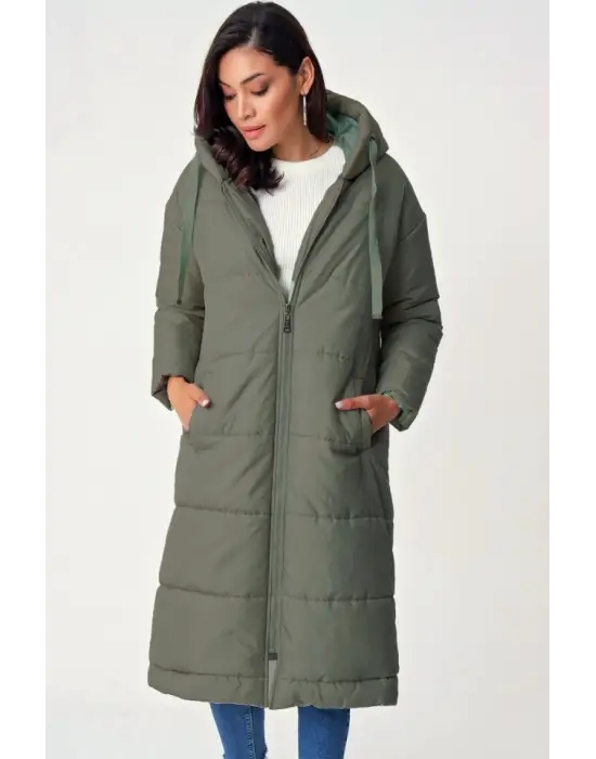 Sabit Kapşonlu Kuş Gözü Detaylı Uzun Kaban   -Haki