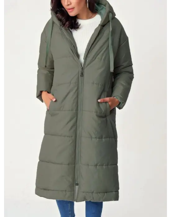 Sabit Kapşonlu Kuş Gözü Detaylı Uzun Kaban   -Haki