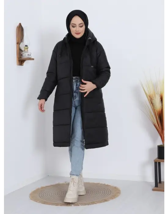 Sabit Kapşonlu Kuş Gözü Detaylı Uzun Kaban -Siyah