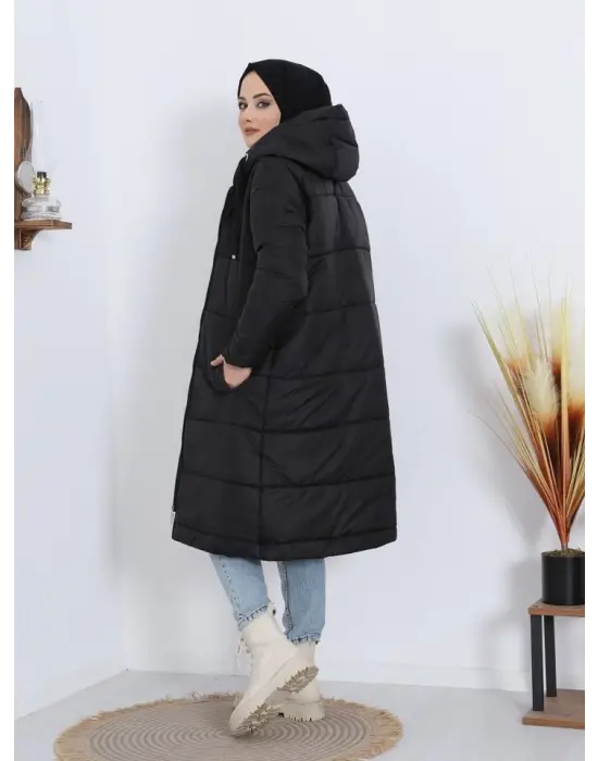 Sabit Kapşonlu Kuş Gözü Detaylı Uzun Kaban -Siyah