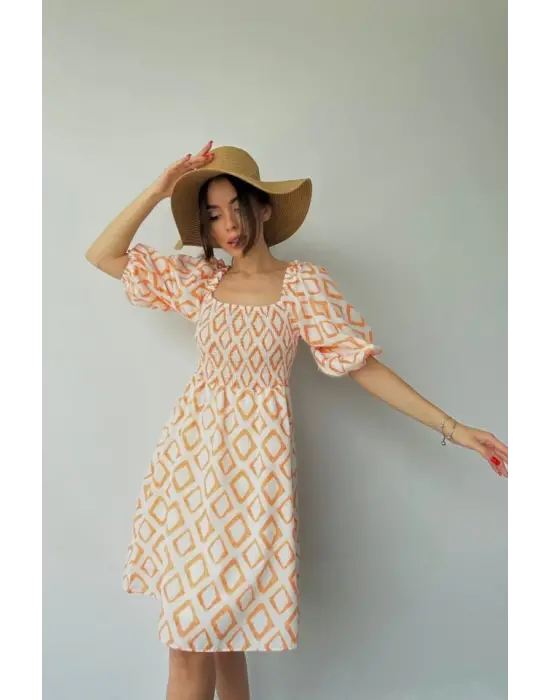 Omarı Yazlık Elbise Oranj Kare Desenli