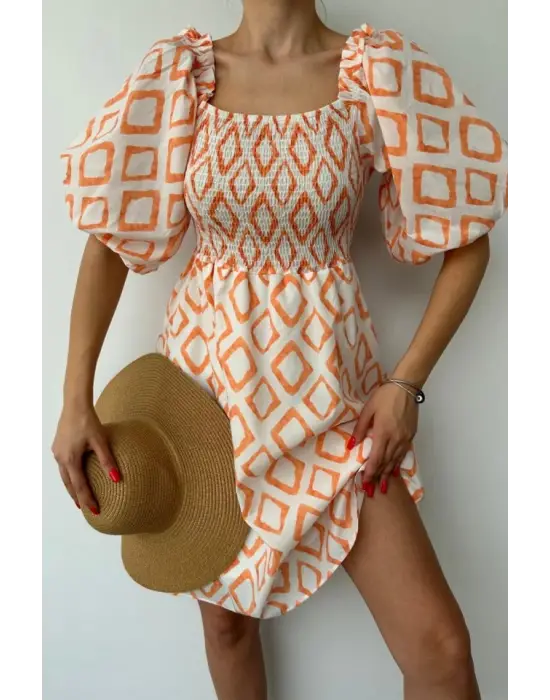Omarı Yazlık Elbise Oranj Kare Desenli