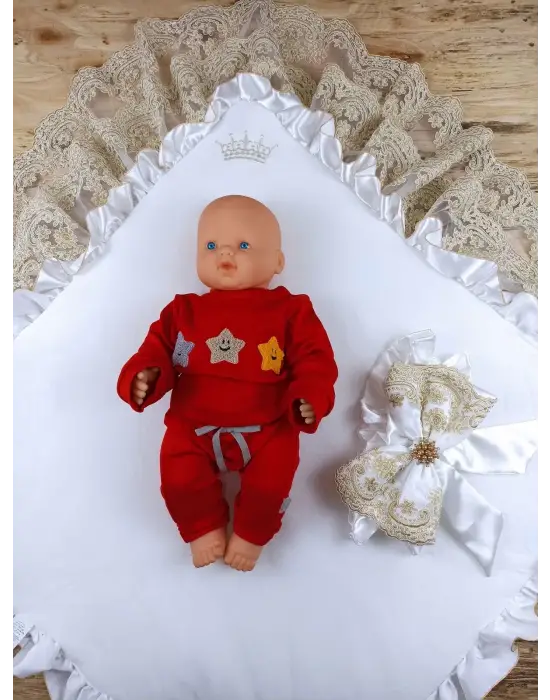 Asil Nakışlı İnci Dantelli Trilüks Bebek Battaniyesi Gold