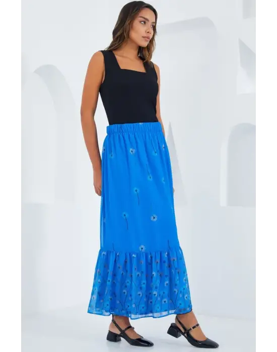 Saks Desenli Şifon Etek 8010