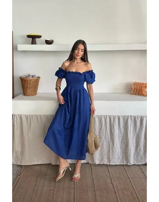 Omarı Saks Renkli Brode Elbise