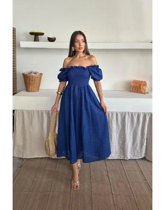 Omarı Saks Renkli Brode Elbise