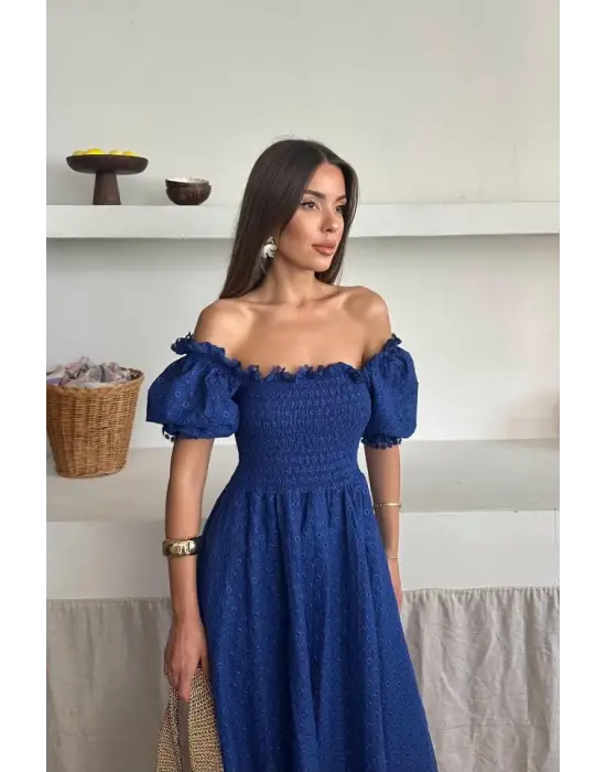 Omarı Saks Renkli Brode Elbise