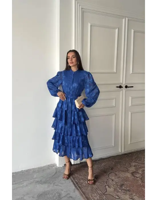 Omarı Şerit Detaylı Kat Kat Elbise