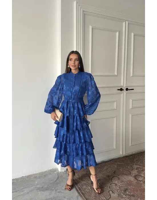 Omarı Şerit Detaylı Kat Kat Elbise