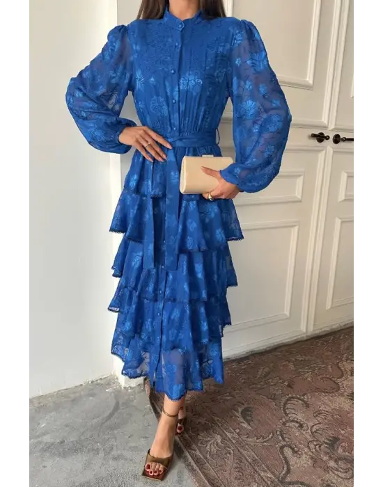 Omarı Şerit Detaylı Kat Kat Elbise