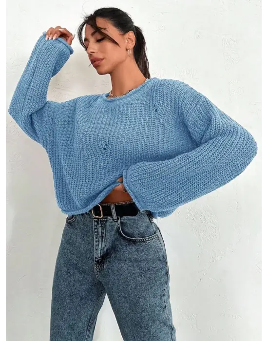 Salaş delik detaylı kazak mavi