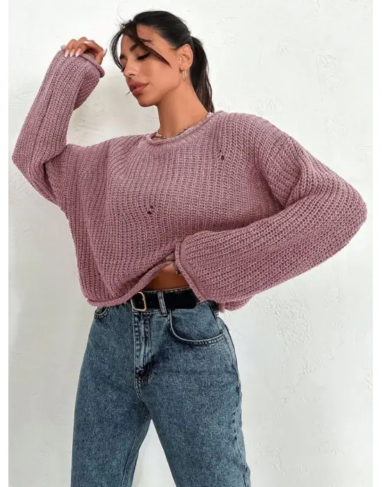 Salaş delik detaylı kazak pembe