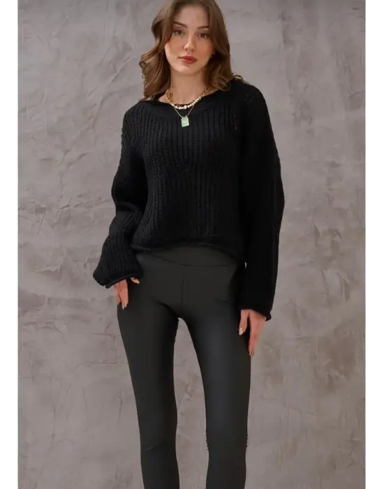 Salaş delik detaylı kazak siyah