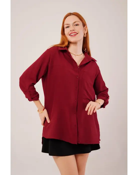 Salaş Kesim Cepli Bordo Gömlek