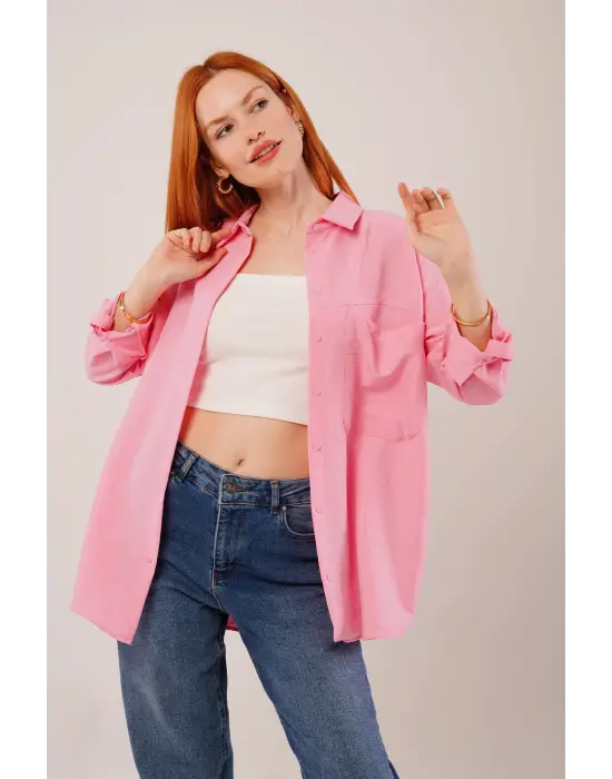 Salaş Kesim Cepli Pembe Gömlek