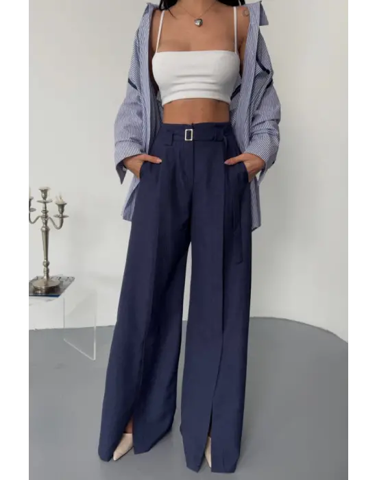 Omarı Önden Yırtmaç Detaylı Bel Kemerli Pantolon - Lacivert