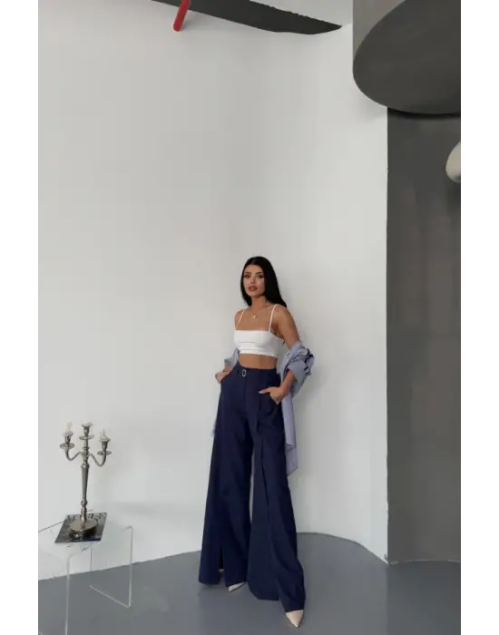 Omarı Önden Yırtmaç Detaylı Bel Kemerli Pantolon - Lacivert