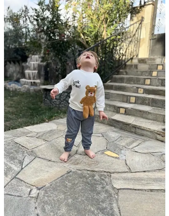 Omarı Çocuk Takımı - Ayıcık Desenli Sallanan Ayak Sweat Pantolonlu 2-3-4 Yaş Ekru