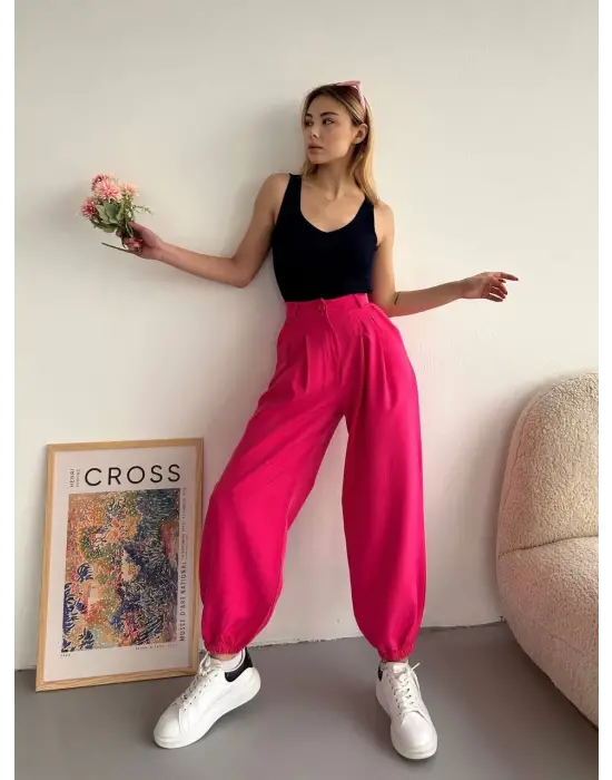 Omarı Etnik desenli fuşya şalvar pantolon