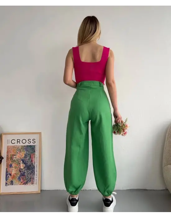 Omarı Rahat Pamuk Yeşil Şalvar Pantolon