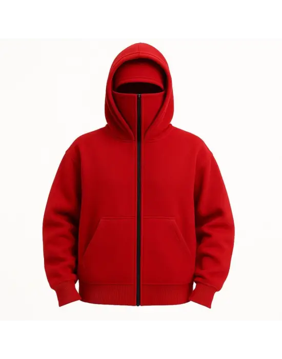 Samuray Ninja Çift Kapşonlu ZIP Fermuarlı Kanguru Çepli Hoodie Maske Detaylı Swetshirt - Kırmızı