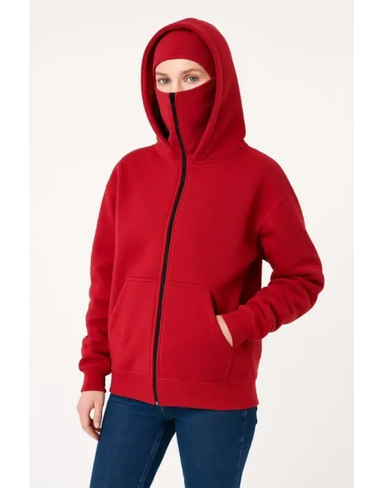 Samuray Ninja Çift Kapşonlu ZIP Fermuarlı Kanguru Çepli Hoodie Maske Detaylı Swetshirt - Kırmızı