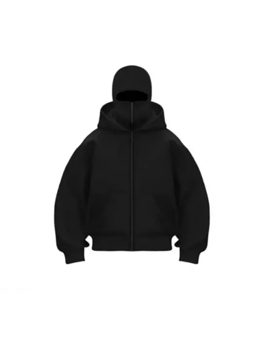 Samuray Ninja Çift Kapşonlu ZIP Fermuarlı Kanguru Çepli Hoodie Maske Detaylı Swetshirt - Siyah