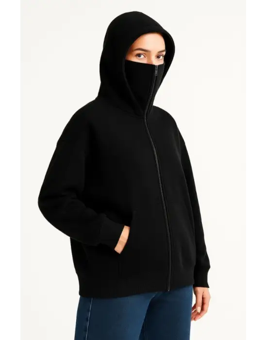 Samuray Ninja Çift Kapşonlu ZIP Fermuarlı Kanguru Çepli Hoodie Maske Detaylı Swetshirt - Siyah
