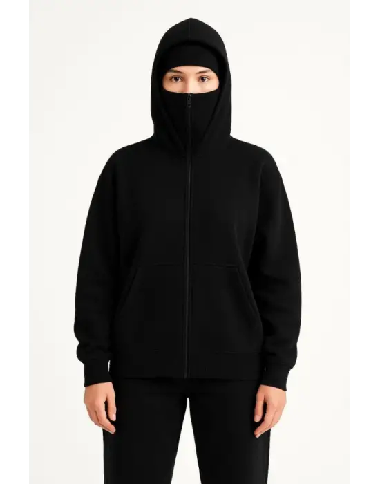 Samuray Ninja Çift Kapşonlu ZIP Fermuarlı Kanguru Çepli Hoodie Maske Detaylı Swetshirt - Siyah