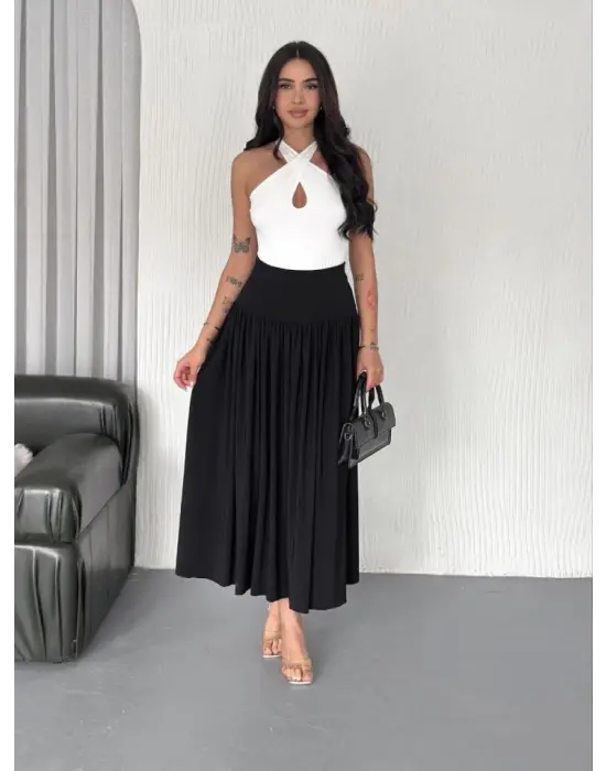 Sandy Uzun Yüksel Bel Etek - Siyah