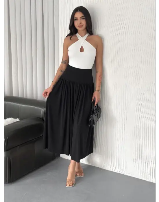 Sandy Uzun Yüksel Bel Etek - Siyah