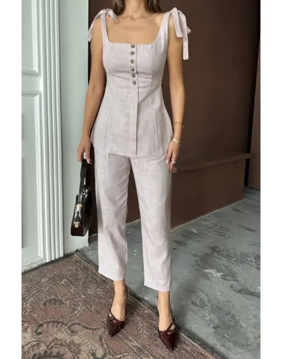 ŞANTUK KETEN YELEK GÖRÜNÜMLÜASKILI BLUZ - PANTOLON TK - Lila