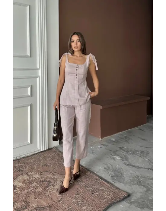 ŞANTUK KETEN YELEK GÖRÜNÜMLÜASKILI BLUZ - PANTOLON TK - Lila