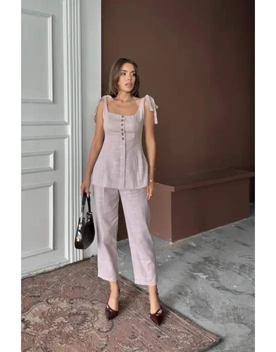 ŞANTUK KETEN YELEK GÖRÜNÜMLÜASKILI BLUZ - PANTOLON TK - Lila