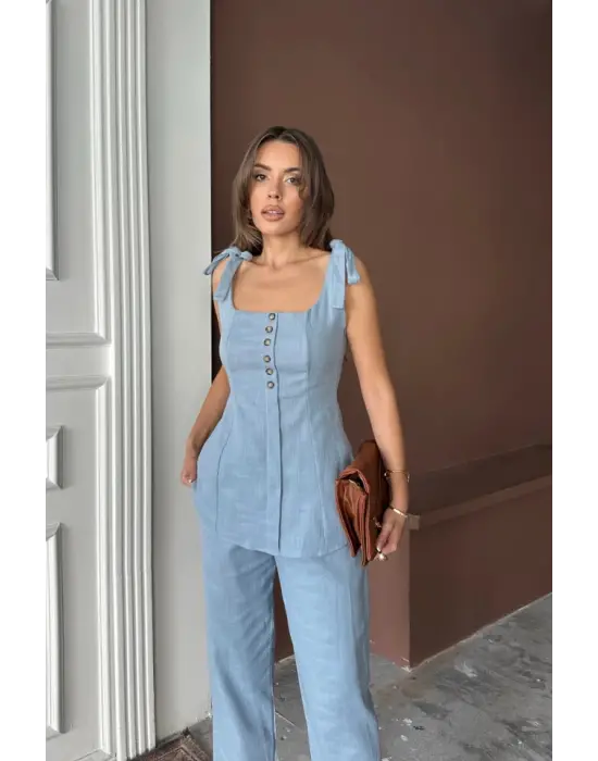 ŞANTUK KETEN YELEK GÖRÜNÜMLÜASKILI BLUZ - PANTOLON TK - Mavi