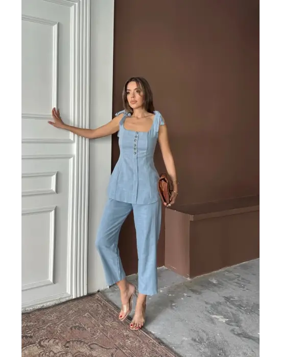 ŞANTUK KETEN YELEK GÖRÜNÜMLÜASKILI BLUZ - PANTOLON TK - Mavi
