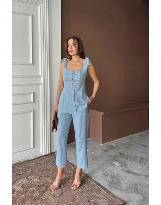 ŞANTUK KETEN YELEK GÖRÜNÜMLÜASKILI BLUZ - PANTOLON TK - Mavi