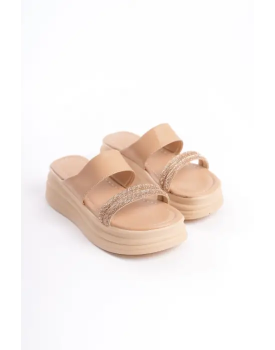 Modern Taşlı Şeritli Rahat Tabanlı Bayan Terlik