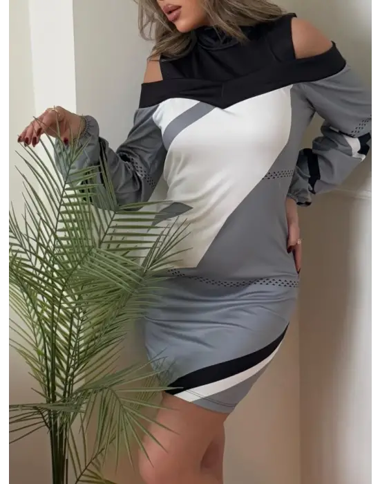 Omarı Uzun Kollu Balıkçı Yaka Desenli Şardonlu Elbise