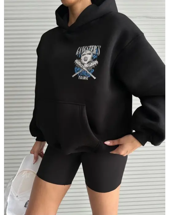 Omarı Oversize Kafa Baskılı Siyah Sweatshirt