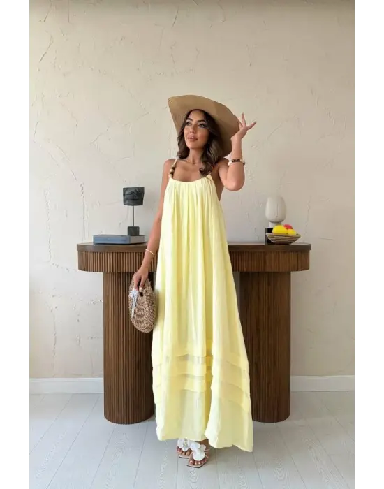 Sarı Askılı Müslin Elbise
