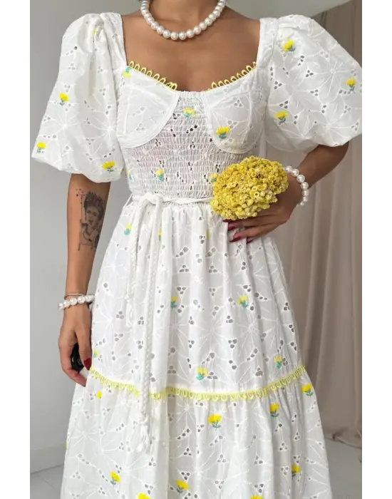 Omarı Elegan Sarı Dantel Detaylı Elbise