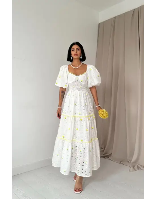 Omarı Elegan Sarı Dantel Detaylı Elbise