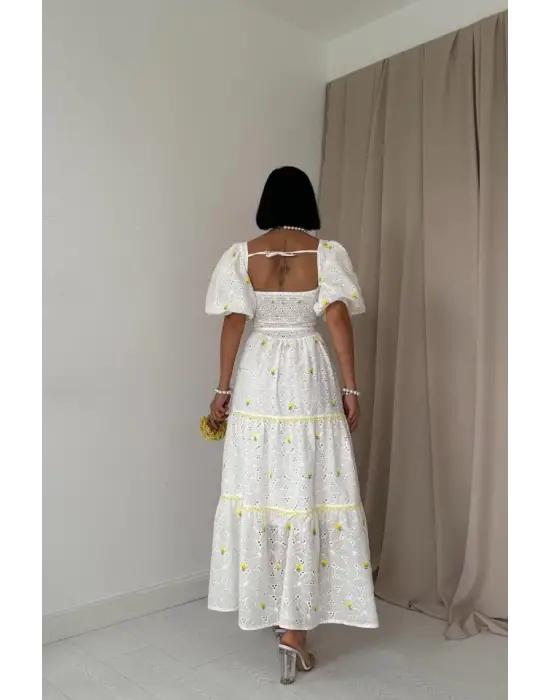Omarı Elegan Sarı Dantel Detaylı Elbise