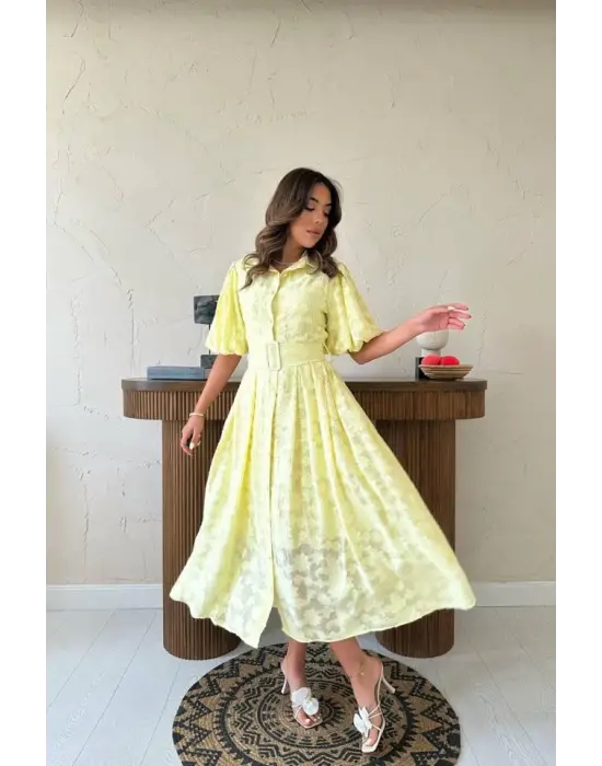 Omarı Balon Kollu Sarı Elbise