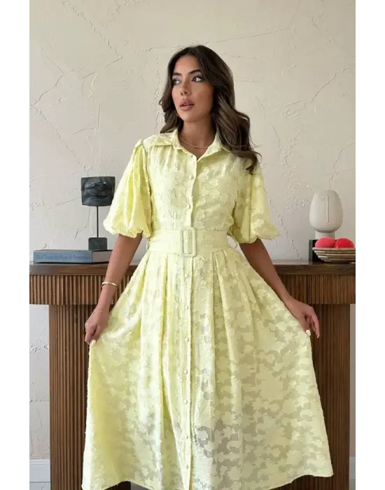 Omarı Balon Kollu Sarı Elbise