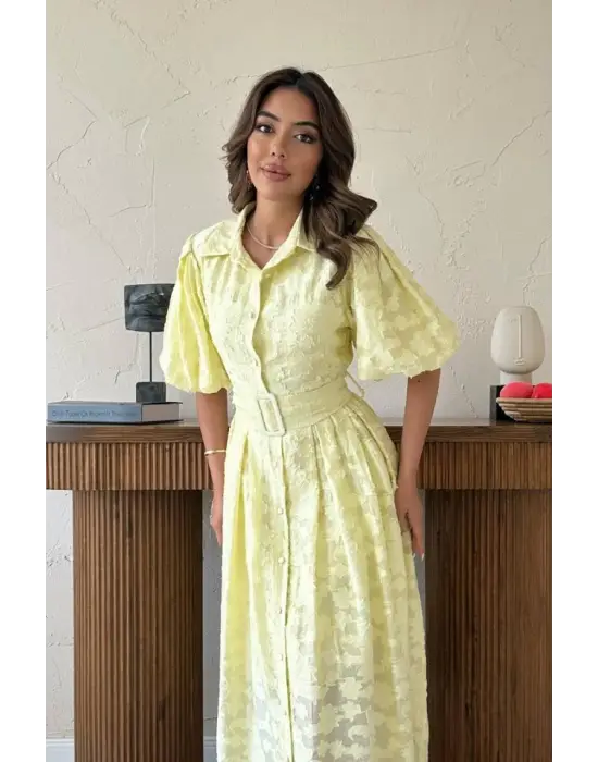 Omarı Balon Kollu Sarı Elbise