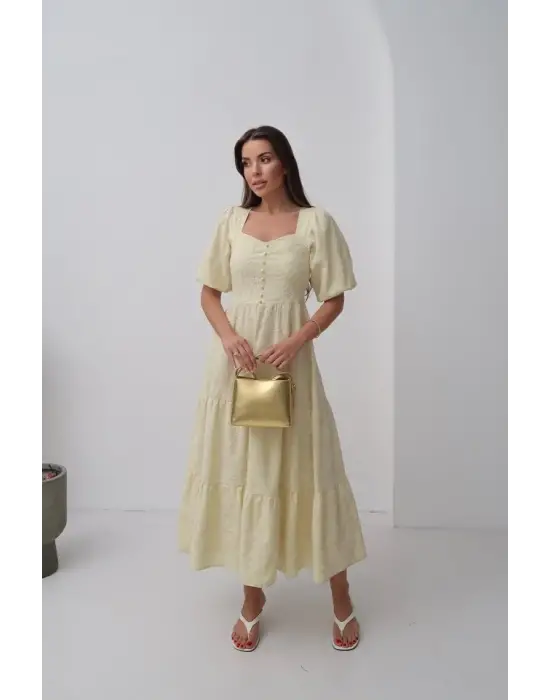 Sarı Süs Düğmeli Balon Kollu Elbise